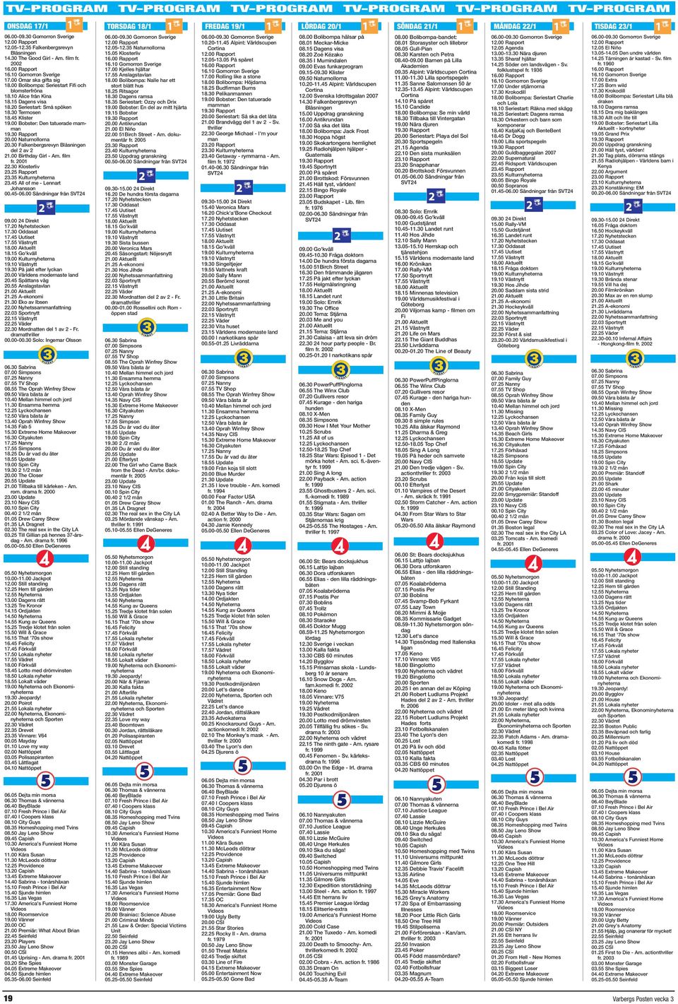 30 Termosen 18.45 Klister 19.00 Bobster: Den tatuerade mamman 19.30 Rapport 20.00 Naturnollorna 20.30 Falkenbergsrevyn Blåsningen del 2 av 2 21.00 Birthday Girl - Am. film fr. 2001 22.