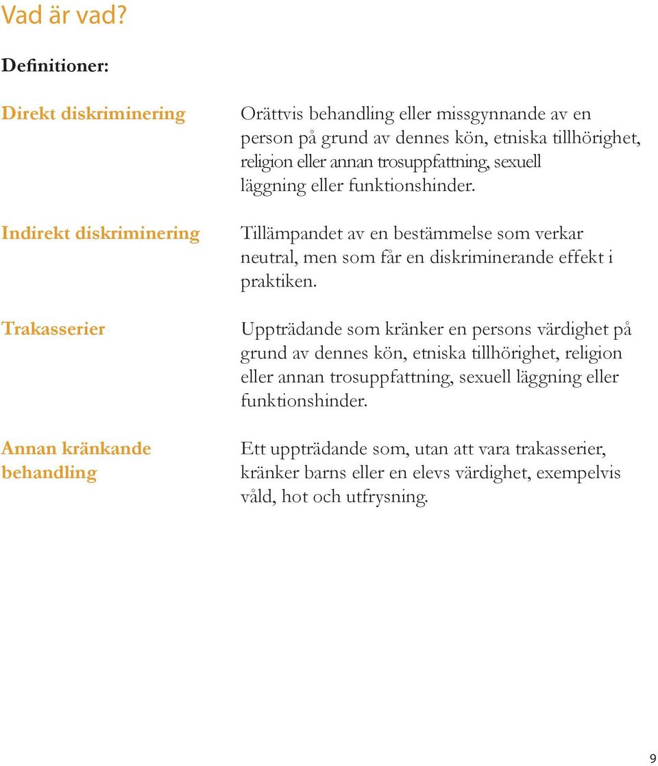 kön, etniska tillhörighet, religion eller annan trosuppfattning, sexuell läggning eller funktionshinder.