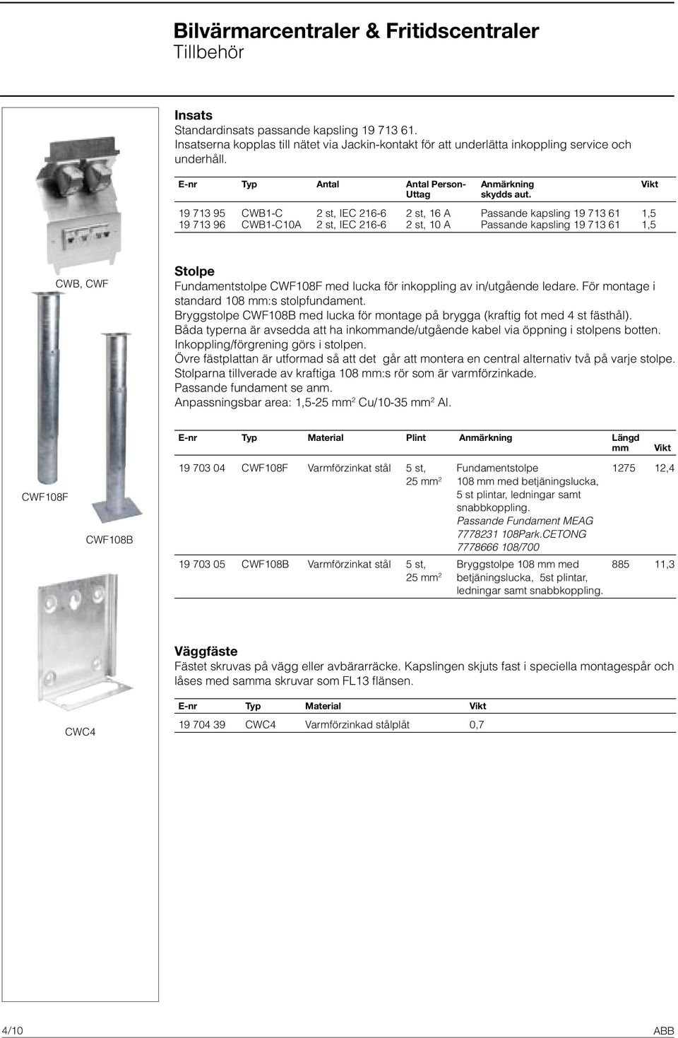 19 713 95 CWB1-C 2 st, IEC 216-6 2 st, 16 A Passande kapsling 19 713 61 1,5 19 713 96 CWB1-C10A 2 st, IEC 216-6 2 st, 10 A Passande kapsling 19 713 61 1,5 CWB, CWF Stolpe Fundamentstolpe CWF108F med