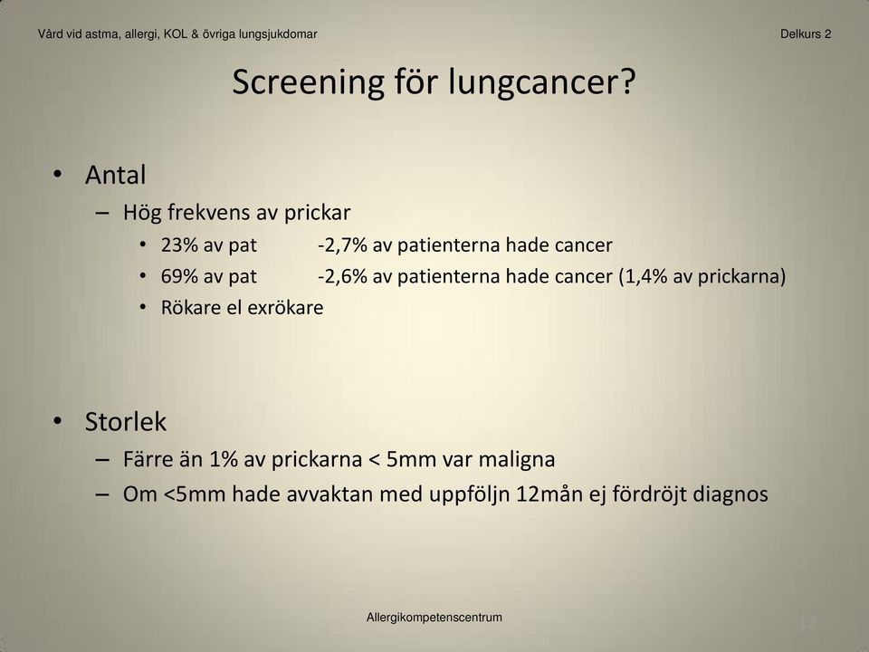 69% av pat -2,6% av patienterna hade cancer (1,4% av prickarna) Rökare el