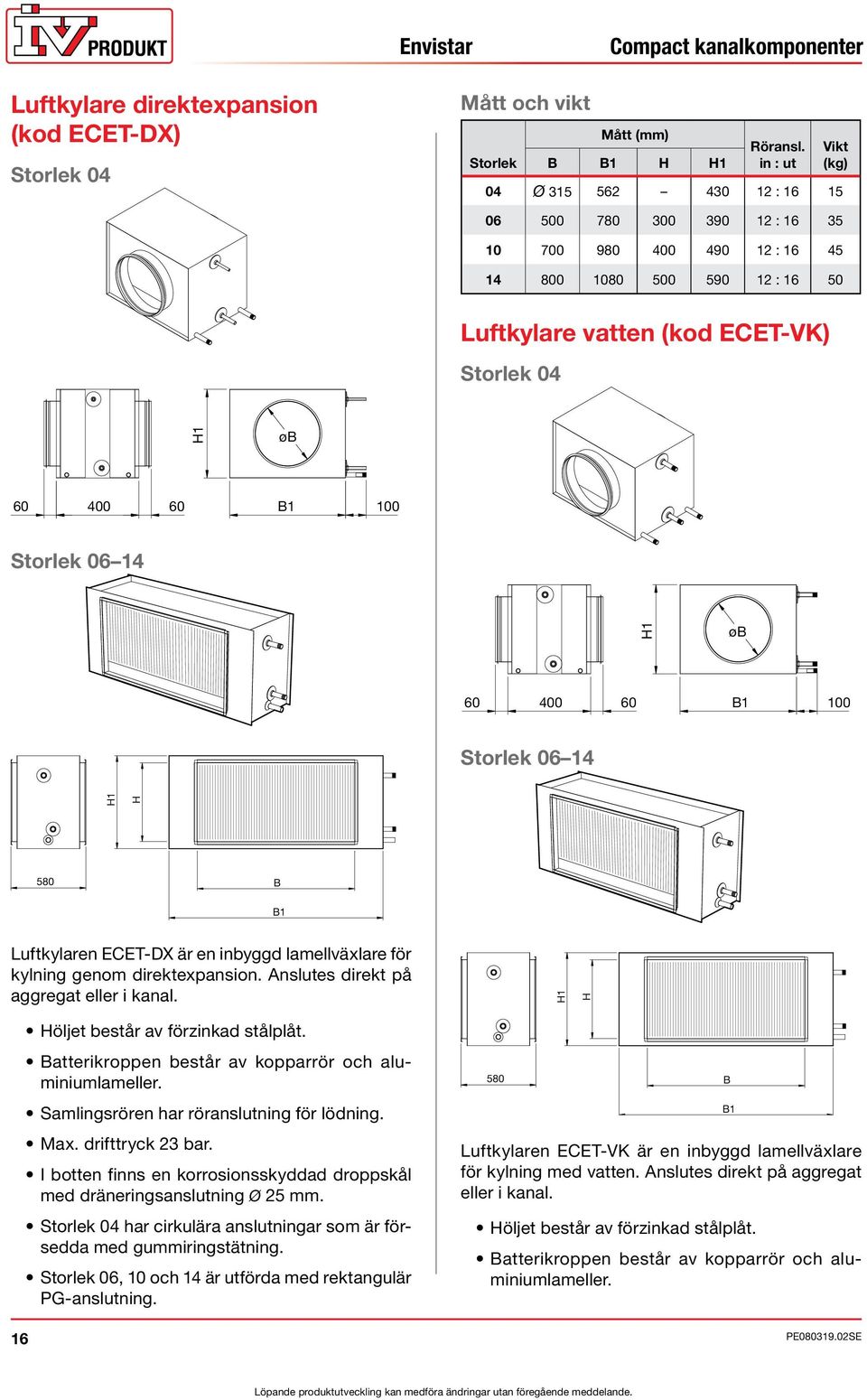 100 Storlek 06 14 H1 H H1 øb 60 400 60 B1 100 Storlek 06 14 580 B B1 Luftkylaren ECET-DX är en inbyggd lamellväxlare för kylning genom direktexpansion. Anslutes direkt på aggregat eller i kanal.