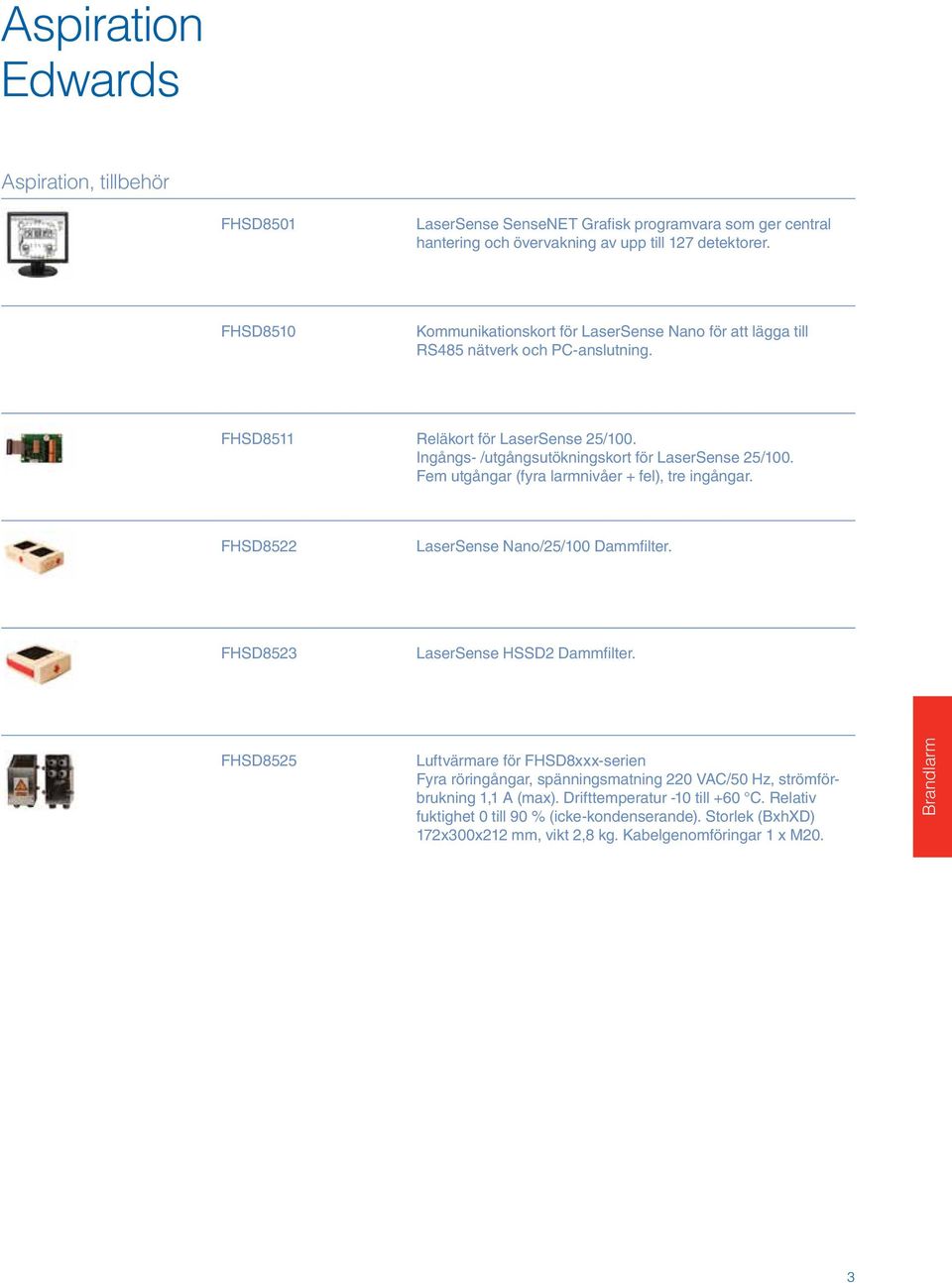 Ingångs- /utgångsutökningskort för LaserSense 25/100. Fem utgångar (fyra larmnivåer + fel), tre ingångar. FHSD8522 LaserSense Nano/25/100 Dammfilter. FHSD8523 LaserSense HSSD2 Dammfilter.