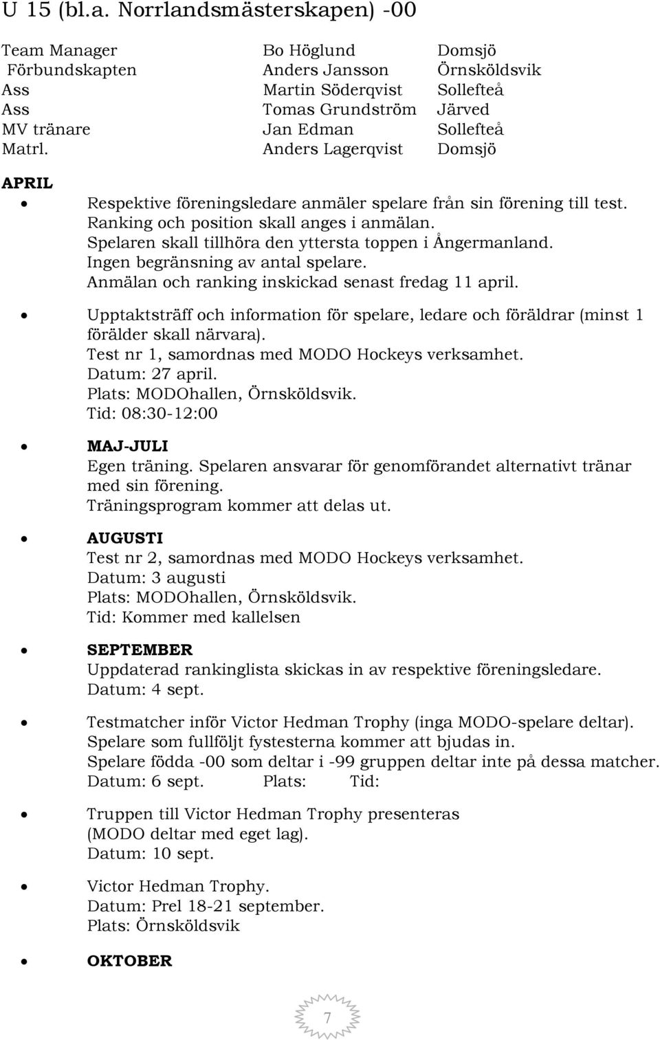 Anders Lagerqvist Domsjö APRIL Respektive föreningsledare anmäler spelare från sin förening till test. Ranking och position skall anges i anmälan.