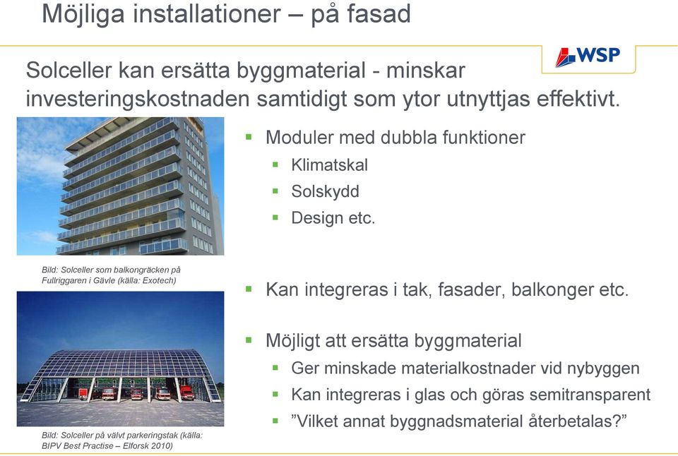 Bild: Solceller som balkongräcken på Fullriggaren i Gävle (källa: Exotech) Bild: Solceller på välvt parkeringstak (källa: BIPV Best Practise