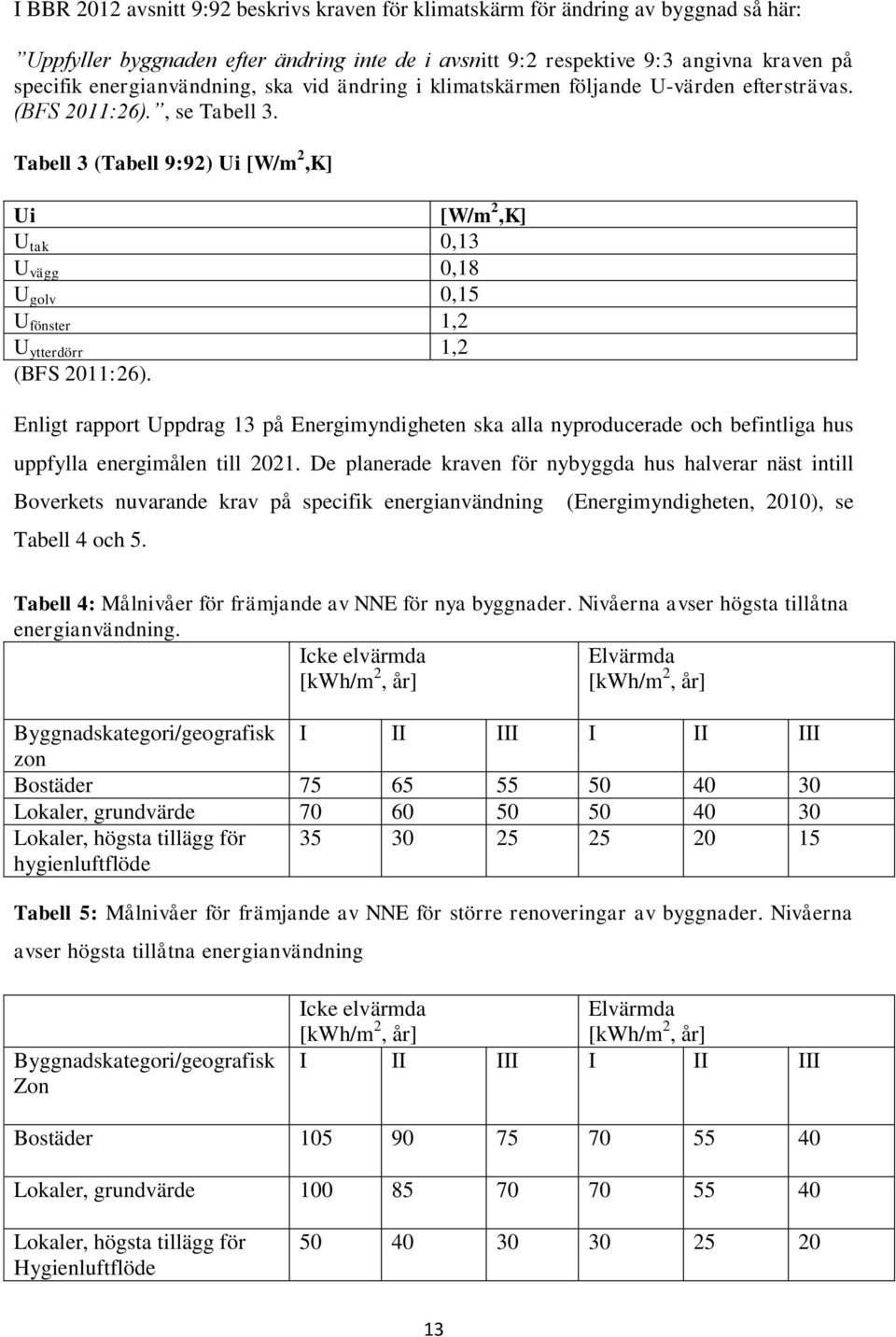 Tabell 3 (Tabell 9:92) Ui [W/m 2,K] Ui [W/m 2,K] U tak 0,13 U vägg 0,18 U golv 0,15 U fönster 1,2 U ytterdörr 1,2 (BFS 2011:26).