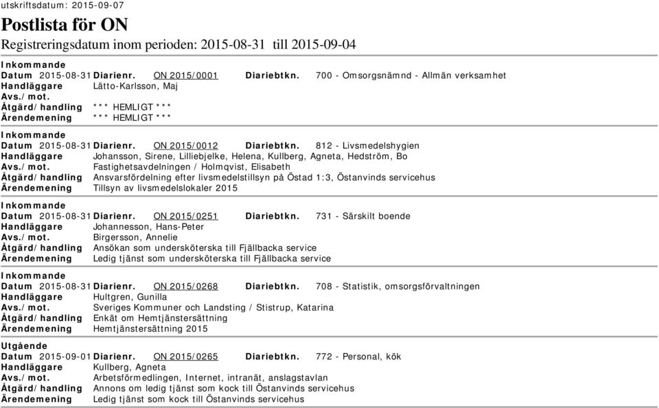 812 - Livsmedelshygien Handläggare Johansson, Sirene, Lilliebjelke, Helena, Kullberg, Agneta, Hedström, Bo Fastighetsavdelningen / Holmqvist, Elisabeth Åtgärd/handling Ansvarsfördelning efter