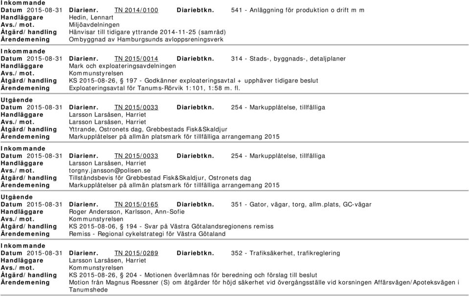 avloppsreningsverk nkommande Datum 2015-08-31 Diarienr. TN 2015/0014 Diariebtkn.