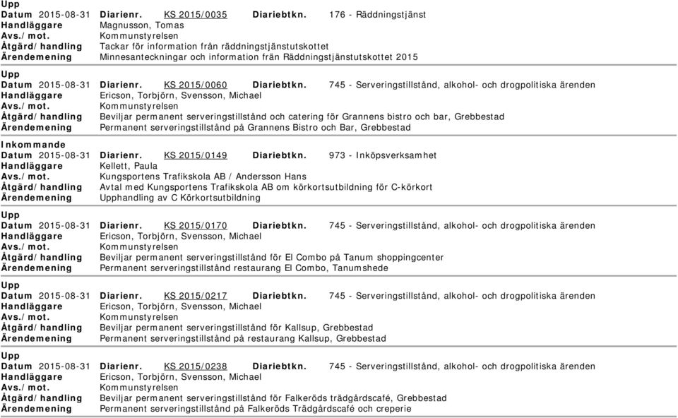 Räddningstjänstutskottet 2015 pp Datum 2015-08-31 Diarienr. KS 2015/0060 Diariebtkn.