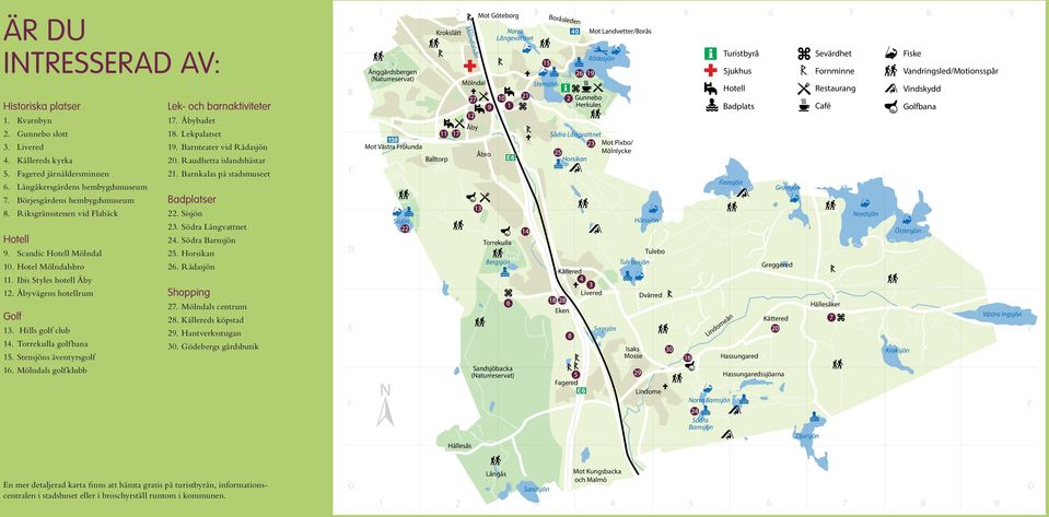 Stensjöns äventyrsgolf 16. Mölndals golfklubb Lek- och barnaktiviteter 17. Åbybadet 18. Lekpalatset 19. Barnteater vid Rådasjön 20. Raudhetta islandshästar 21. Barnkalas på stadsmuseet Badplatser 22.