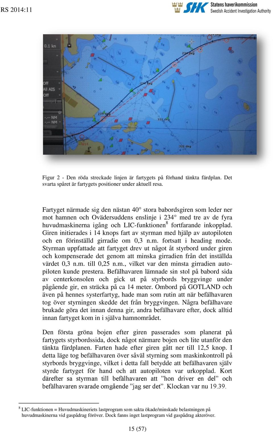 Giren initierades i 14 knops fart av styrman med hjälp av autopiloten och en förinställd girradie om 0,3 n.m. fortsatt i heading mode.