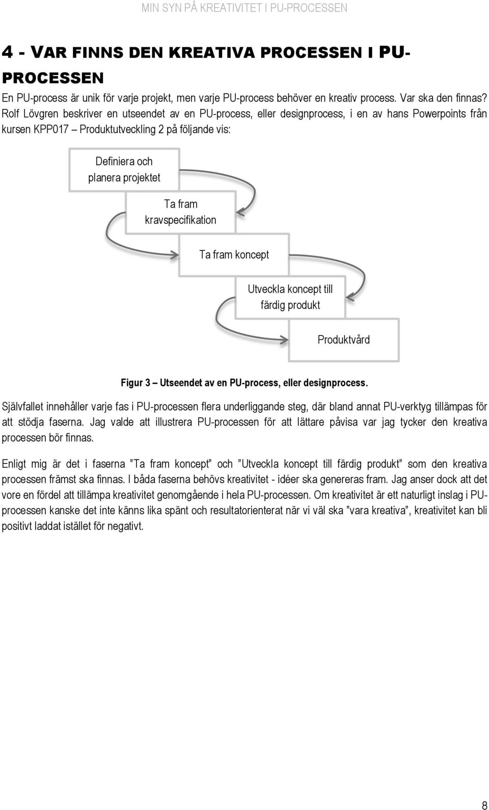 kravspecifikation Ta fram koncept Utveckla koncept till färdig produkt Produktvård Figur 3 Utseendet av en PU-process, eller designprocess.