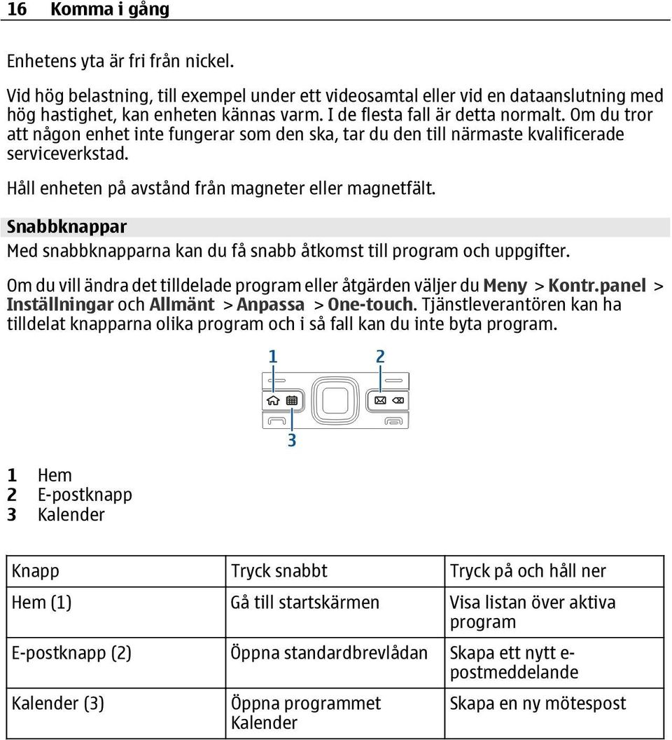 Snabbknappar Med snabbknapparna kan du få snabb åtkomst till program och uppgifter. Om du vill ändra det tilldelade program eller åtgärden väljer du Meny > Kontr.