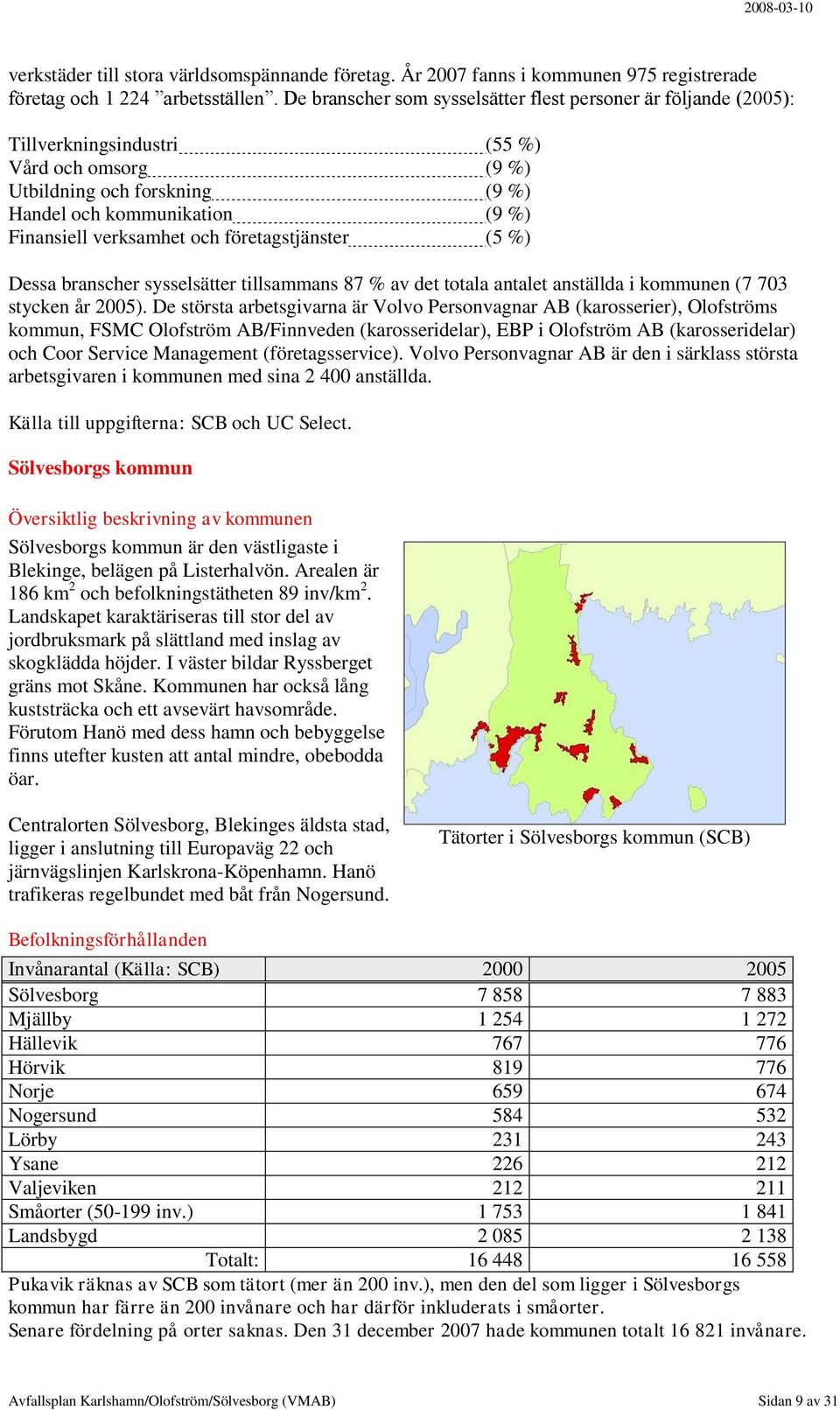 och företagstjänster (5 %) Dessa branscher sysselsätter tillsammans 87 % av det totala antalet anställda i kommunen (7 703 stycken år 2005).