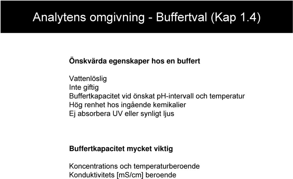 vid önskat ph-intervall och temperatur Hög renhet hos ingående kemikalier Ej