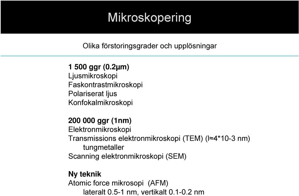 (1nm) Elektronmikroskopi Transmissions elektronmikroskopi (TEM) (l 4*10-3 nm) tungmetaller