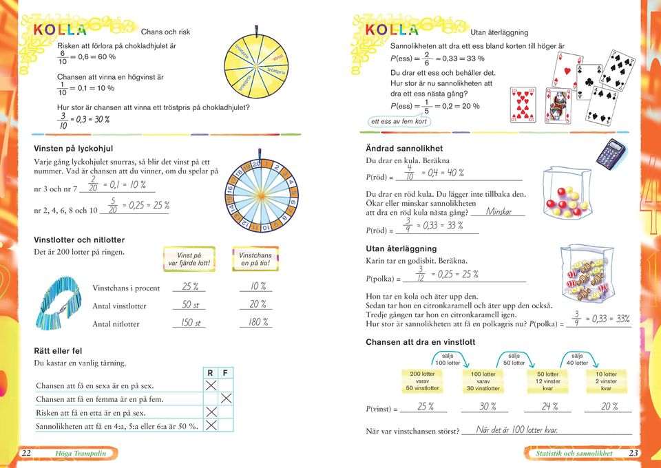 P(ess) = =, = % ett ess av fem kort Vinsten på lyckohjul Ändrad sannolikhet Varje gång lyckohjulet snurras, så blir det vinst på ett nummer.