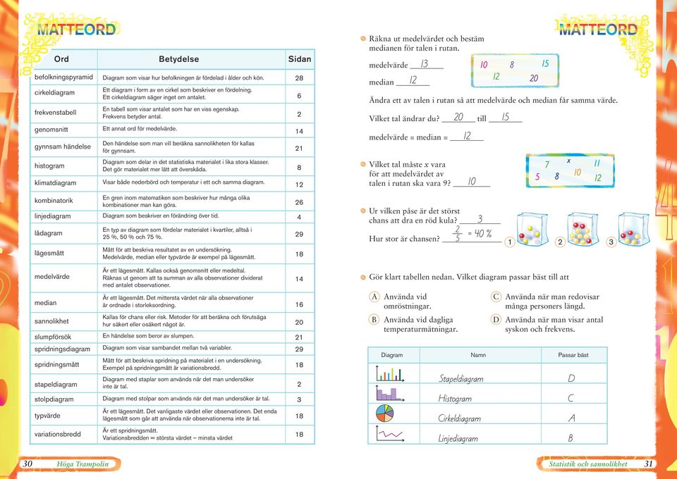 Ett annat ord för medelvärde. Den händelse som man vill beräkna sannolikheten för kallas för gynnsam. Diagram som delar in det statistiska materialet i lika stora klasser.