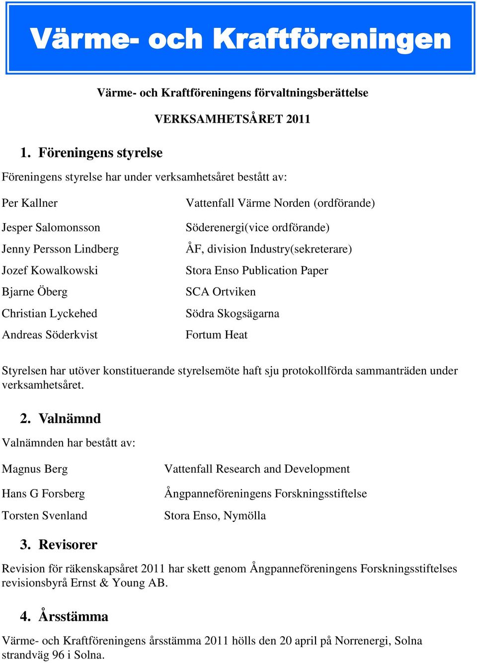 Lindberg Jozef Kowalkowski Bjarne Öberg Christian Lyckehed Andreas Söderkvist Vattenfall Värme Norden (ordförande) Söderenergi(vice ordförande) ÅF, division Industry(sekreterare) Stora Enso