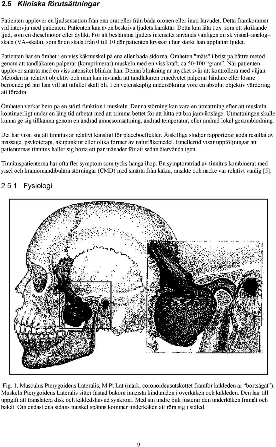 För att bestämma ljudets intensitet används vanligen en sk visual analog skala (VA skala), som är en skala från 0 till 10 där patienten kryssar i hur starkt han uppfattar ljudet.