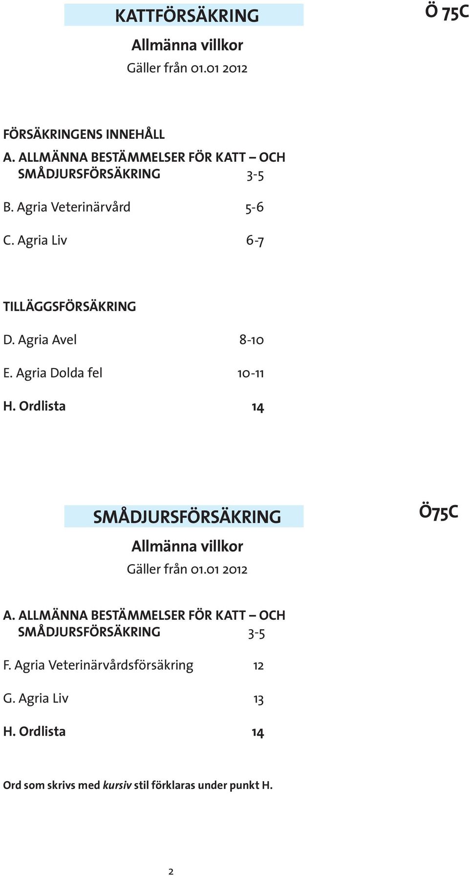 Agria Avel 8-10 E. Agria Dolda fel 10-11 H. Ordlista 14 SMÅDJURSFÖRSÄKRING Allmänna villkor Gäller från 01.01 2012 Ö75C A.