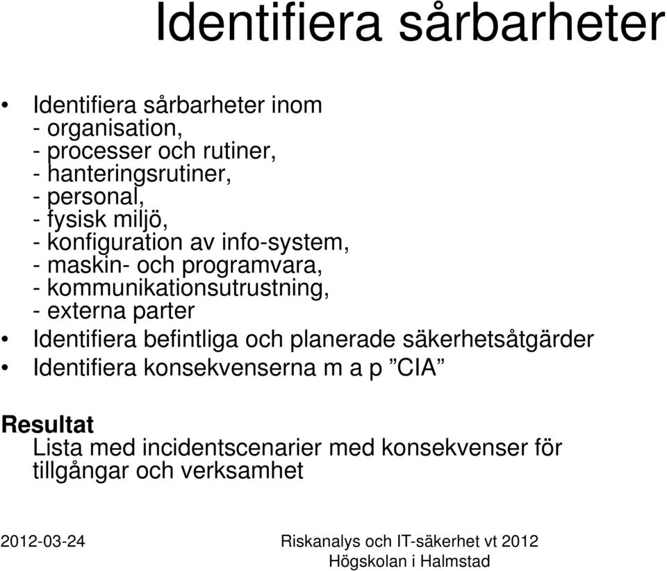 - kommunikationsutrustning, - externa parter Identifiera befintliga och planerade säkerhetsåtgärder