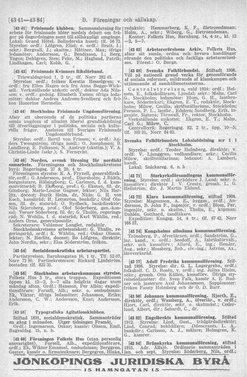 ; Bendixson, I: Berg, Yngve; Dehlgren, Sten; Fehr, M.; Haglund,'patrik; Lindhagen, Carl; Iiobb, G. [43431 Frisinnade Kvinnors Riksförbund. [43 681 Sqenska Folkfiörbundet. Stiftadt 1906. ~ ~ tr.