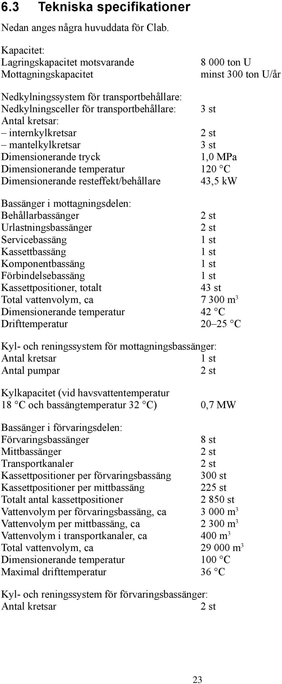 internkylkretsar 2 st mantelkylkretsar 3 st Dimensionerande tryck 1,0 MPa Dimensionerande temperatur 120 C Dimensionerande resteffekt/behållare 43,5 kw Bassänger i mottagningsdelen: Behållarbassänger