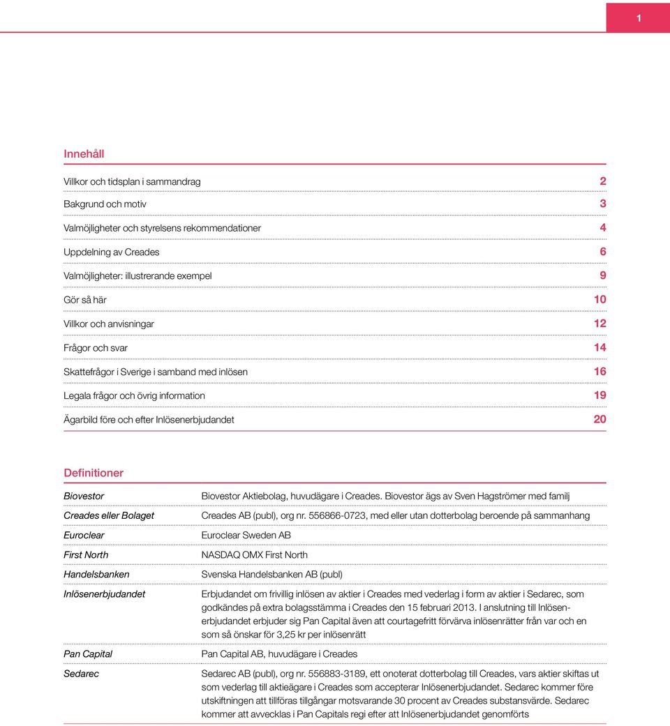 Biovestor Creades eller Bolaget Euroclear First North Handelsbanken Inlösenerbjudandet Pan Capital Sedarec Biovestor Aktiebolag, huvudägare i Creades.