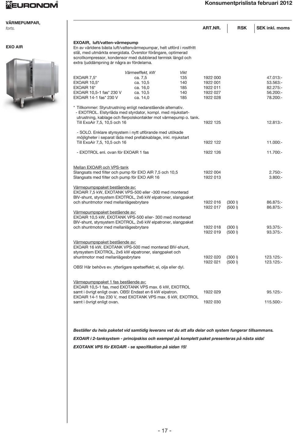 013:- EXOAIR 10,5* ca. 10,5 140 1922 001 53.563:- EXOAIR 16* ca. 16,0 185 1922 011 82.275:- EXOAIR 10,5-1 fas* 230 V ca. 10,5 140 1922 027 56.200:- EXOAIR 14-1 fas* 230 V ca. 14,0 185 1922 028 78.