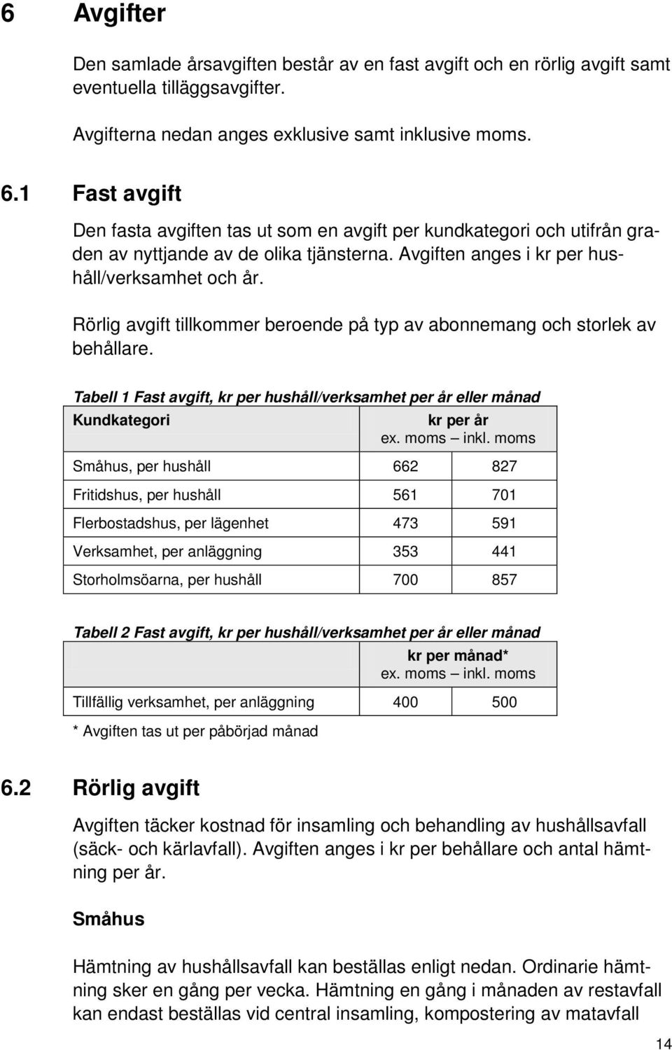 Rörlig avgift tillkommer beroende på typ av abonnemang och storlek av behållare.