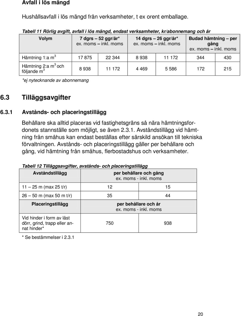 344 430 Hämtning 2:a m 3 och 3 8 938 11 172 4 469 5 586 172 215 följande m *ej nytecknande av abonnemang 6.3 Tilläggsavgifter 6.3.1 Avstånds- och placeringstillägg Behållare ska alltid placeras vid fastighetsgräns så nära hämtningsfordonets stannställe som möjligt, se även 2.