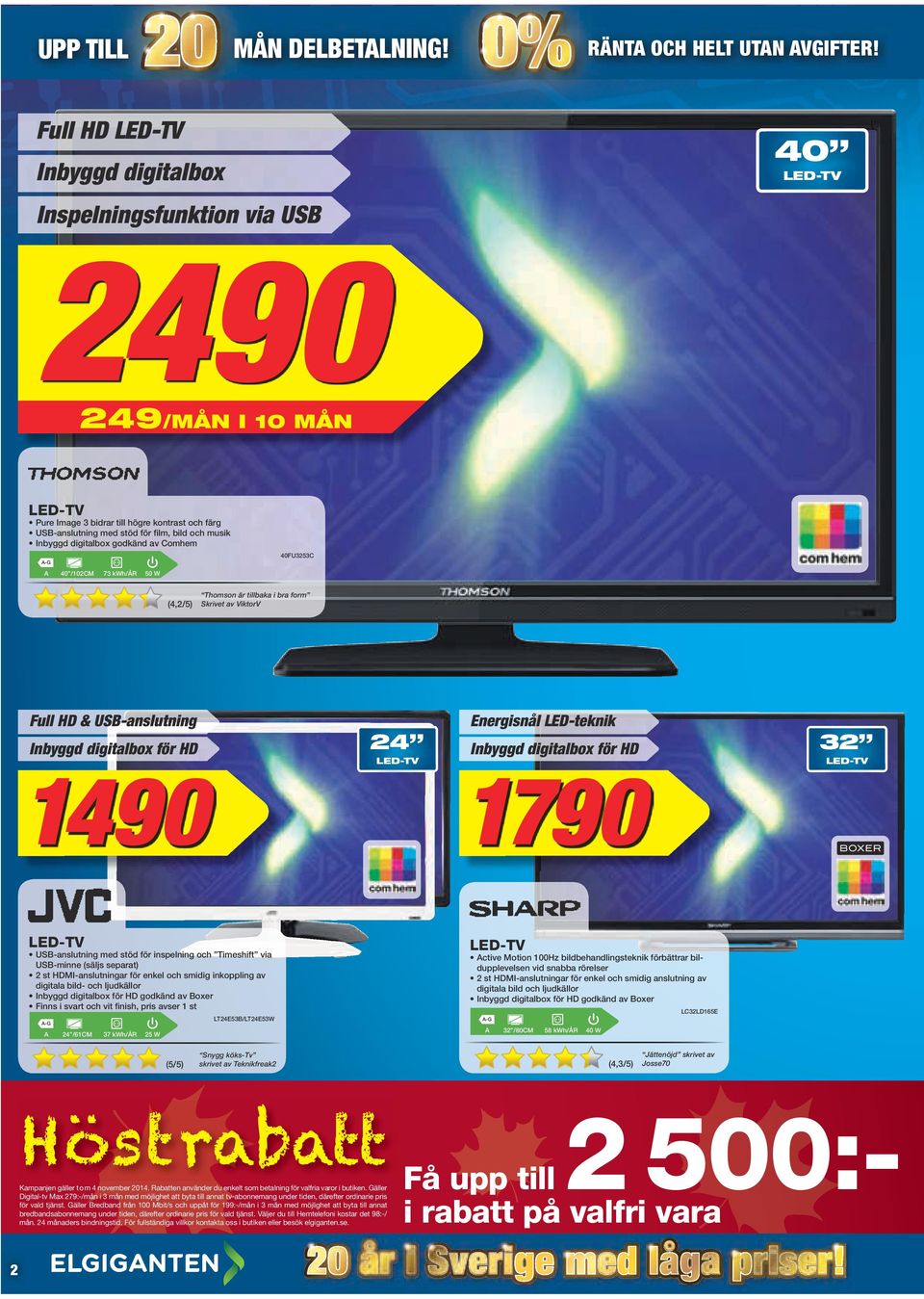 Inbyggd digitalbox godkänd av Comhem A 40 /102CM 73 kwh/år 50 W 40FU3253C (4,2/5) Thomson är tillbaka i bra form Skrivet av ViktorV Full HD & USB-anslutning Inbyggd digitalbox för HD 24 LED-TV