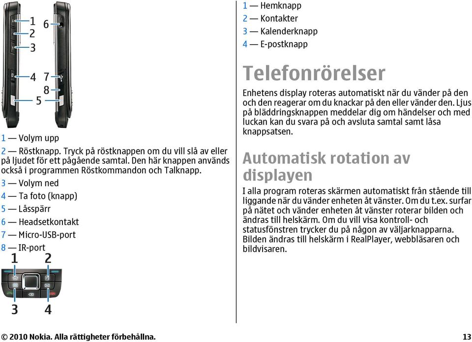 3 Volym ned 4 Ta foto (knapp) 5 Låsspärr 6 Headsetkontakt 7 Micro-USB-port 8 IR-port Telefonrörelser Enhetens display roteras automatiskt när du vänder på den och den reagerar om du knackar på den