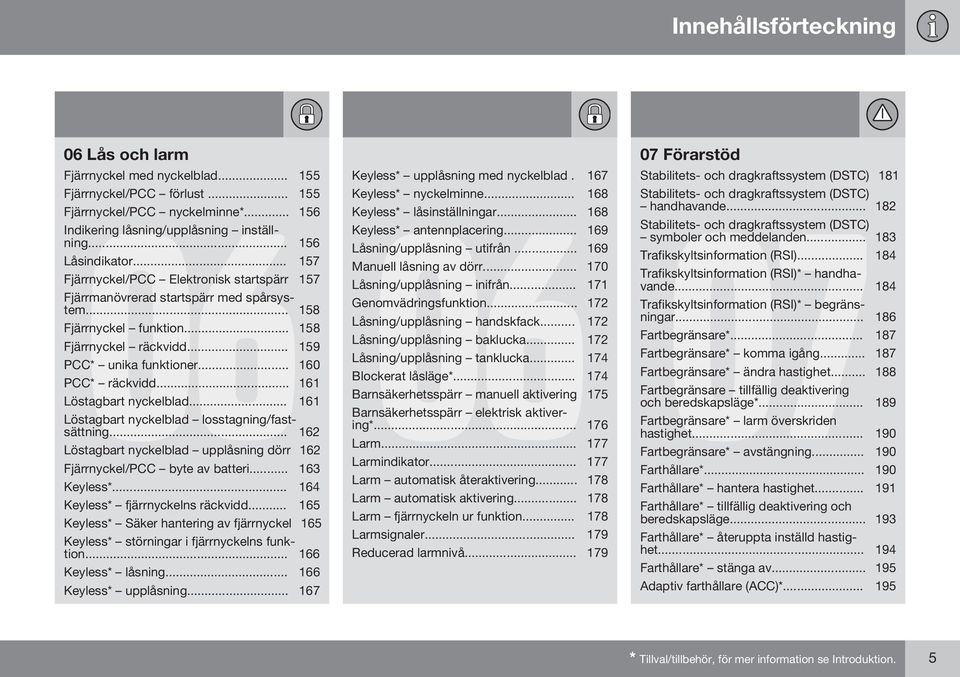.. 160 PCC* räckvidd... 161 Löstagbart nyckelblad... 161 Löstagbart nyckelblad losstagning/fastsättning... 162 Löstagbart nyckelblad upplåsning dörr 162 Fjärrnyckel/PCC byte av batteri... 163 Keyless*.