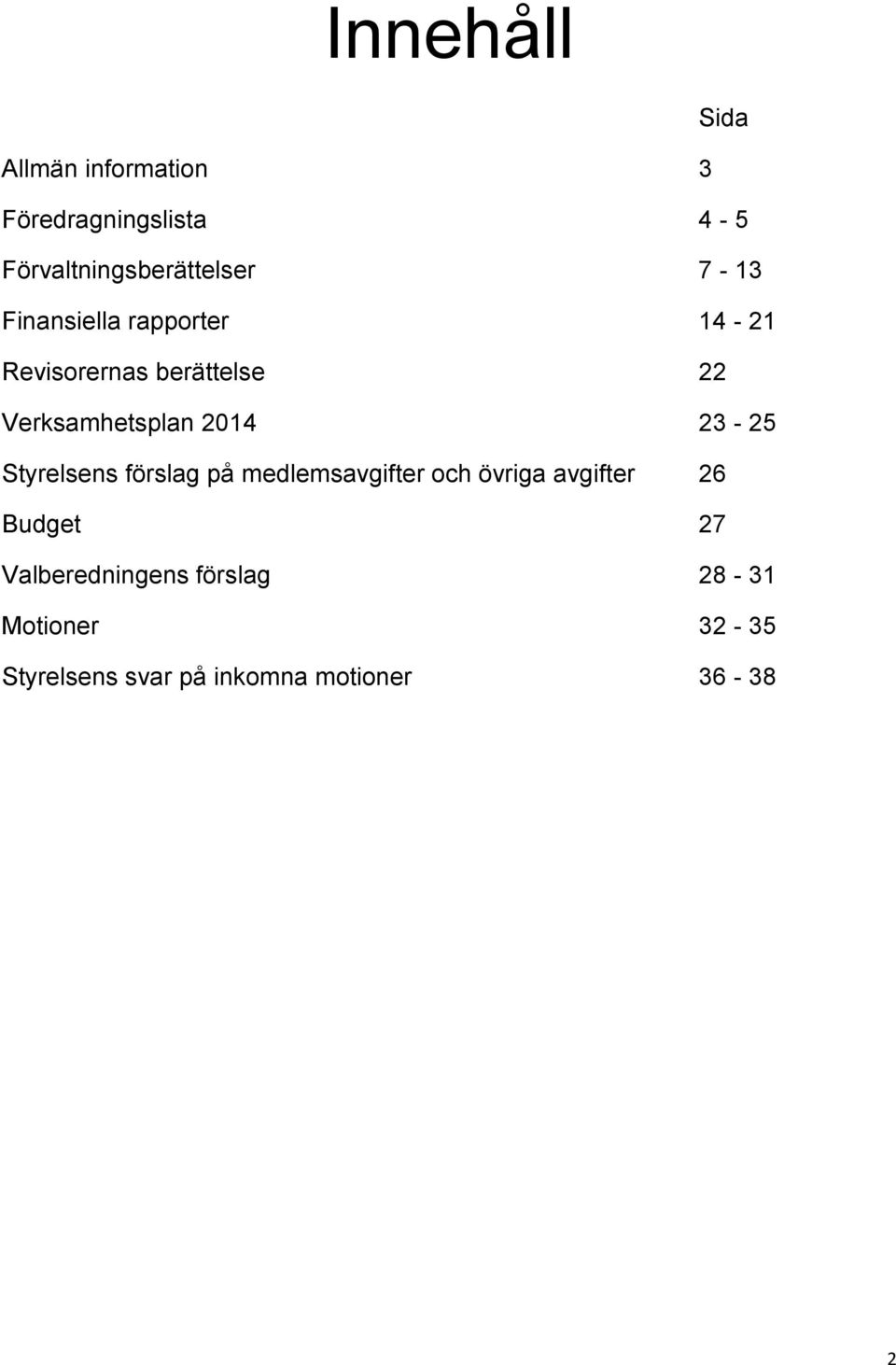 23-25 Styrelsens förslag på medlemsavgifter och övriga avgifter 26 Budget 27