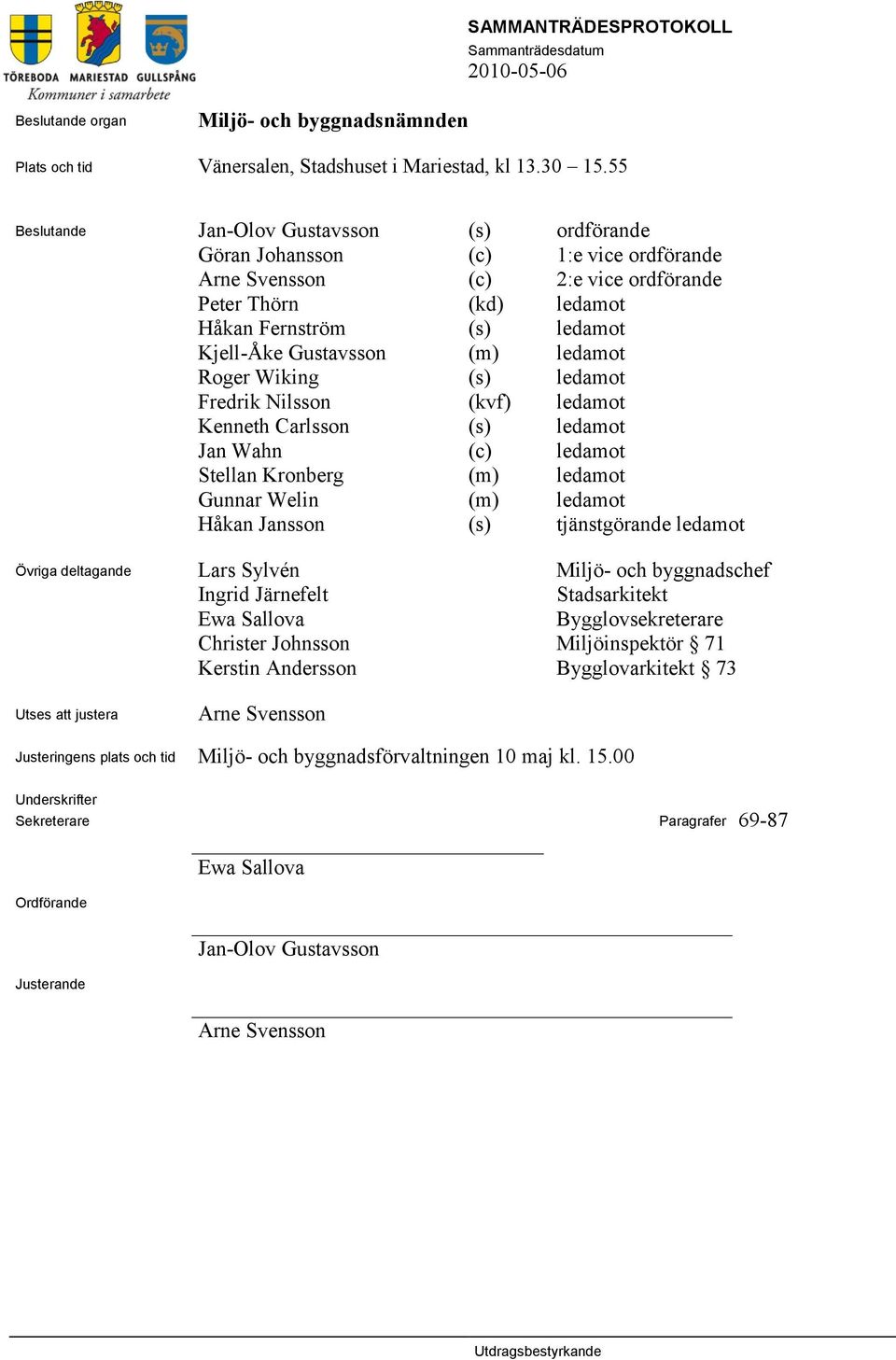 Gustavsson (m) ledamot Roger Wiking (s) ledamot Fredrik Nilsson (kvf) ledamot Kenneth Carlsson (s) ledamot Jan Wahn (c) ledamot Stellan Kronberg (m) ledamot Gunnar Welin (m) ledamot Håkan Jansson (s)