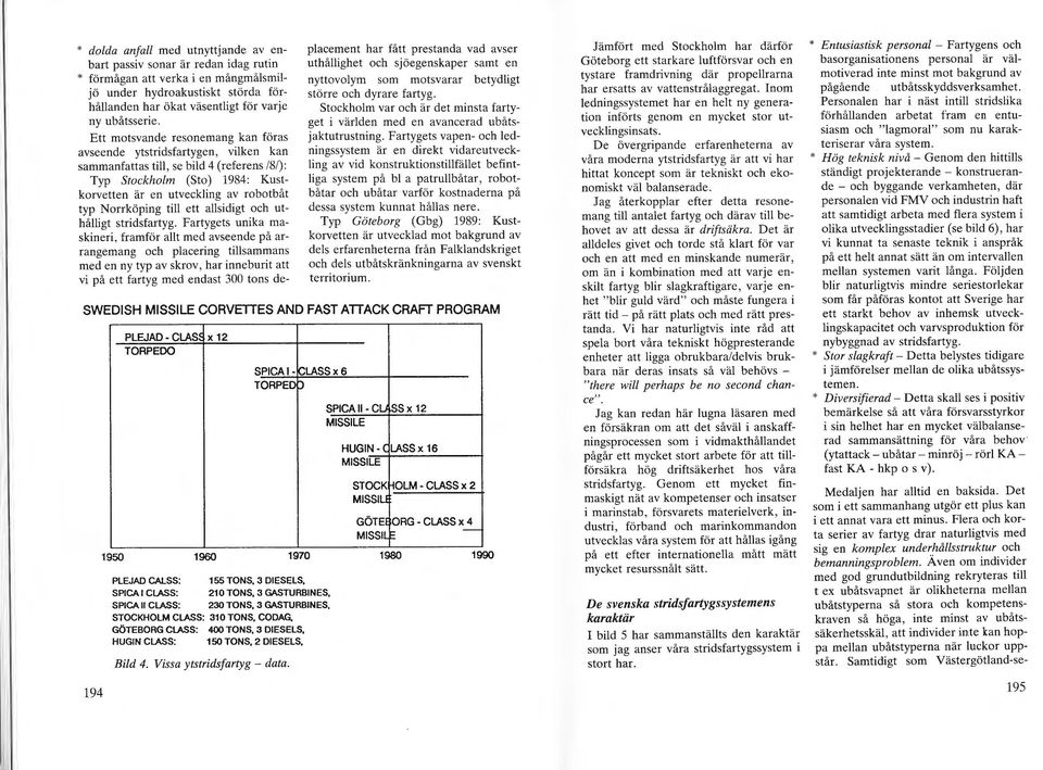 Ett motsvande resonemang kan föras avseende ytstridsfartygen, vilken kan sammanfattas till, se bild 4 (referens /8/): Typ Stockholm (Sto) 1984: Kustkorvetten är en utveckling av robotbåt typ