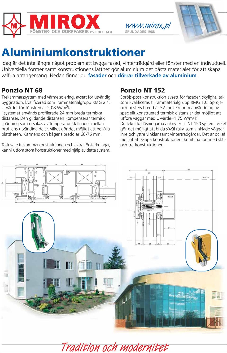 Ponzio NT 68 Trekammarssystem med värmeisolering, avsett för utvändig byggnation, kvalificerad som rammaterialgrupp RMG 2.1. U-värdet för fönstren är 2,08 W/m 2 K.