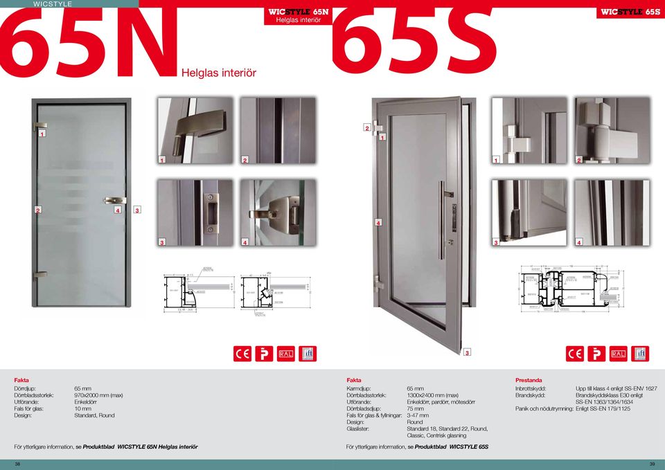 Glaslister: Standard 8, Standard, Round, Classic, Centrisk glasning Prestanda Inbrottskydd: Upp till klass enligt SS-ENV 67 Brandskydd: Brandskyddsklass E0 enligt SS-EN