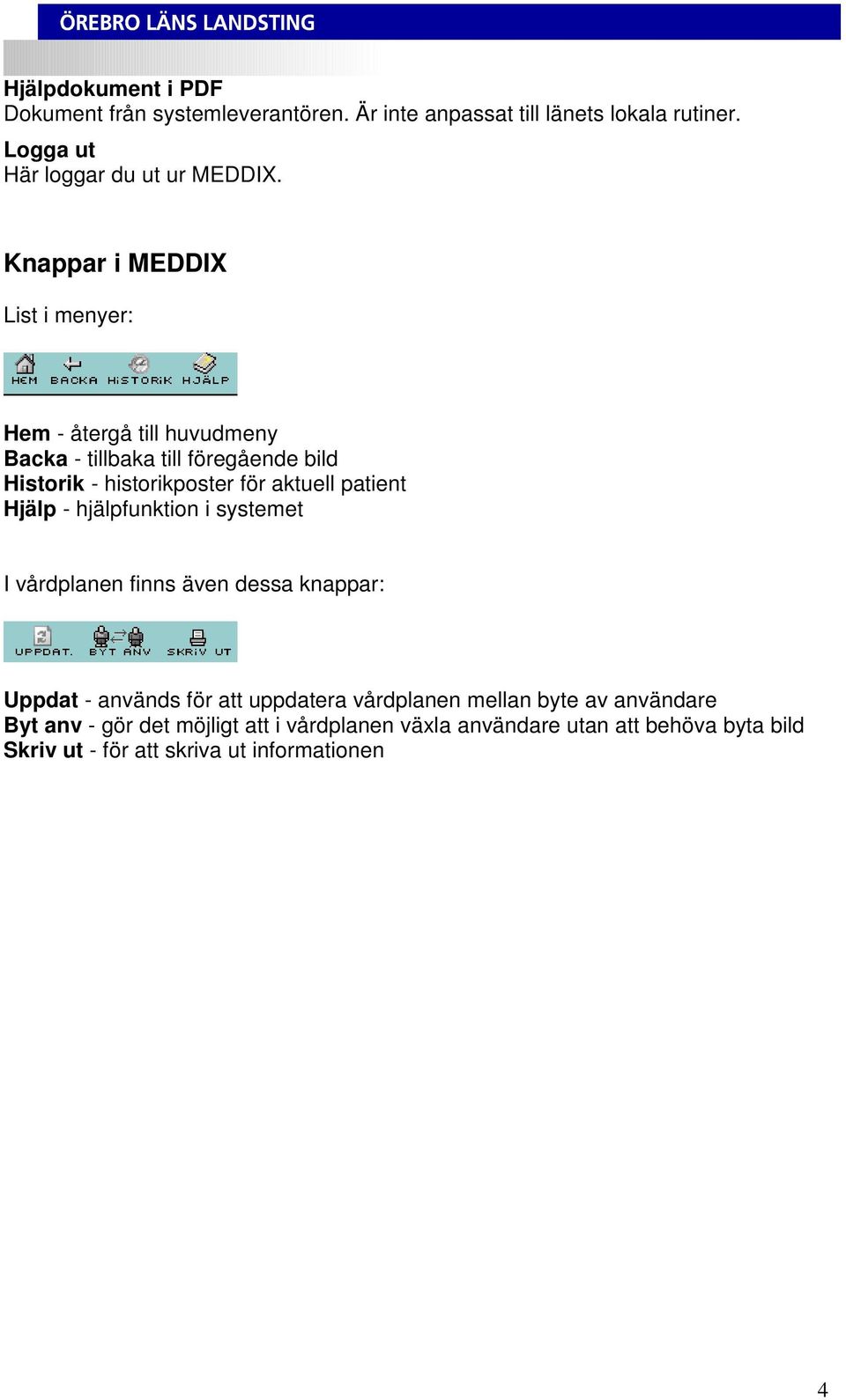 patient Hjälp - hjälpfunktion i systemet I vårdplanen finns även dessa knappar: Uppdat - används för att uppdatera vårdplanen mellan byte