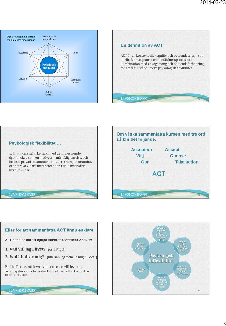 Defusion Committed Action Self as Context 13 14 Psykologisk flexibilitet är att vara helt i kontakt med det innestående ögonblicket, som en medveten, mänsklig varelse, och baserat på vad situationen