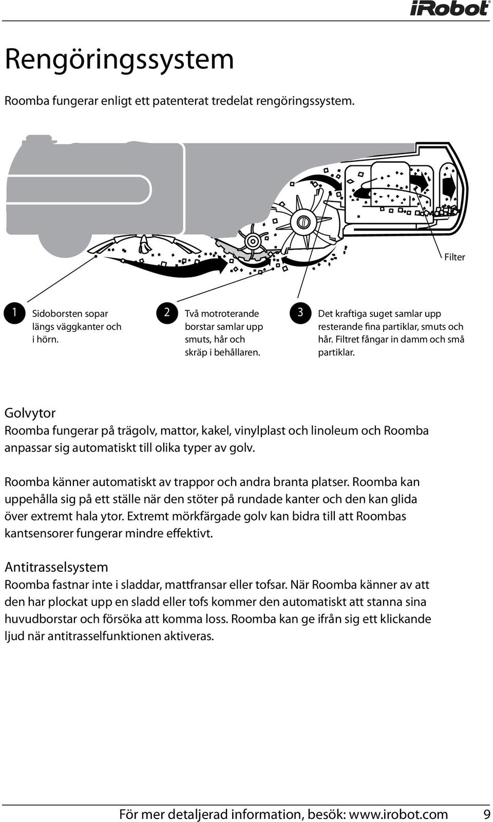 Golvytor Roomba fungerar på trägolv, mattor, kakel, vinylplast och linoleum och Roomba anpassar sig automatiskt till olika typer av golv. Roomba känner automatiskt av trappor och andra branta platser.