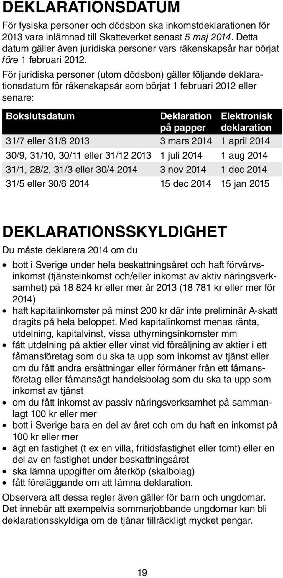 För juridiska personer (utom dödsbon) gäller följande deklarationsdatum för räkenskapsår som börjat 1 februari 2012 eller senare: Bokslutsdatum Deklaration på papper Elektronisk deklaration 31/7