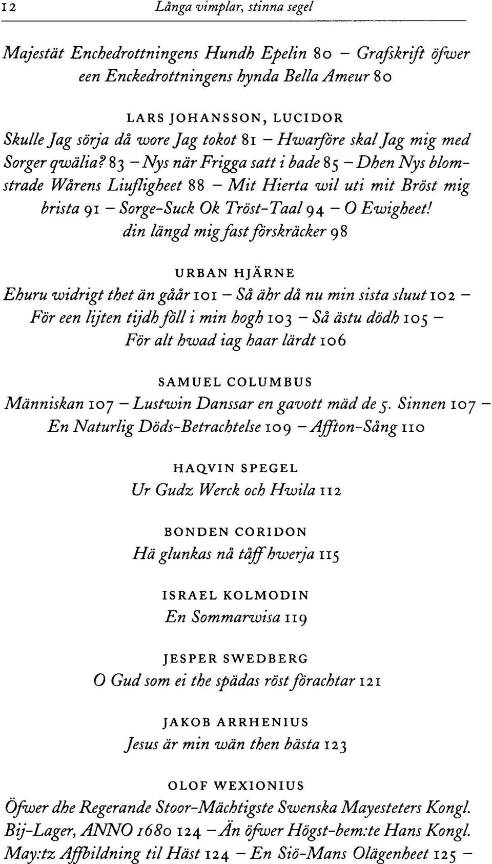 83 - Nys när Frigga satt i både 85 - Dhen Nys blomstrade Warens Liufligheet 88 Mit Hierta wil uti mit Bröst mig brista 91 Sorge-Suck Ok Tröst-Taal 94 O Ewigheet!