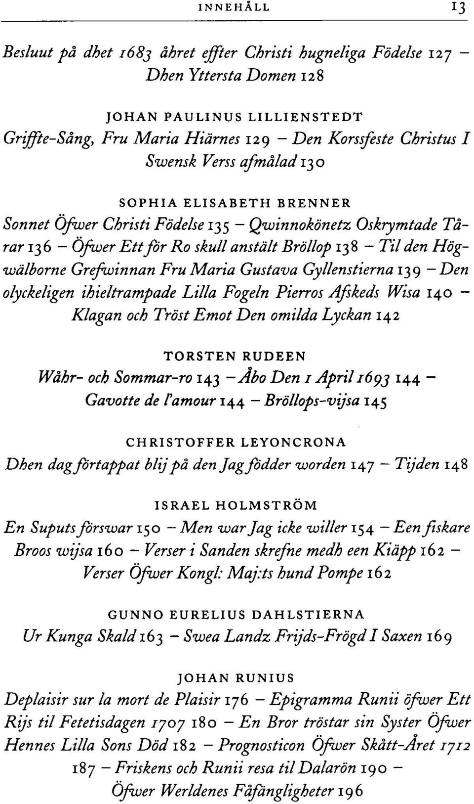 Fru Maria Gustava Gyllenstierna 139 Den olyckeligen ihieltrampade Lilla Fogeln Pierros Afskeds Wisa 140 Klagan och Tröst Emot Den omilda Lyckan 142 TORSTEN RUDEEN Wåhr- och Sommar-ro 143 -Åbo Den 1