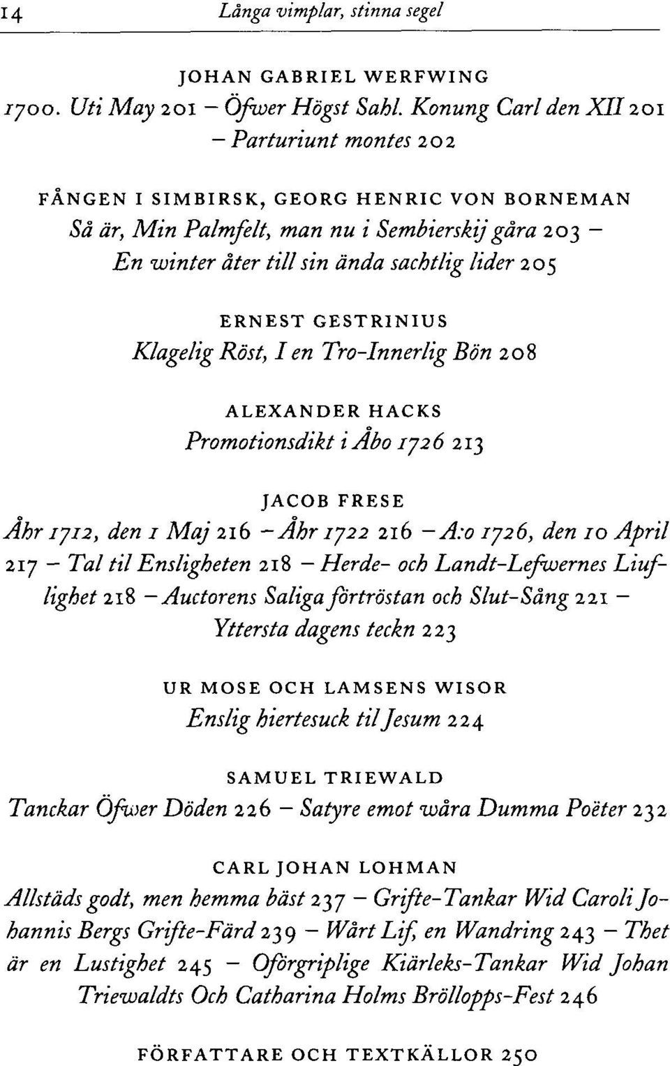 GESTRINIUS KlageligRöst, len Tro-Innerlig Bön 208 ALEXANDER HÄCKS Promotionsdikt i Åbo 1J26 213 JACOB FRESE Åhr 1J12, den 1 Maj 216 -Åhr 1722 216 -A:o 1726, den 10 April 217 Tal til Ensligheten 218