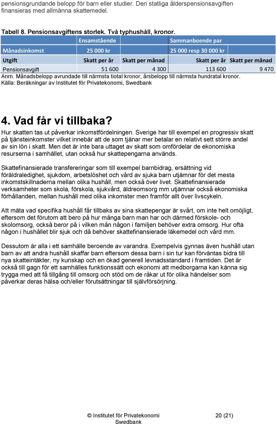 Månadsbelopp avrundade till närmsta tiotal kronor, årsbelopp till närmsta hundratal kronor. Källa: Beräkningar av Institutet för Privatekonomi, 4. Vad får vi tillbaka?