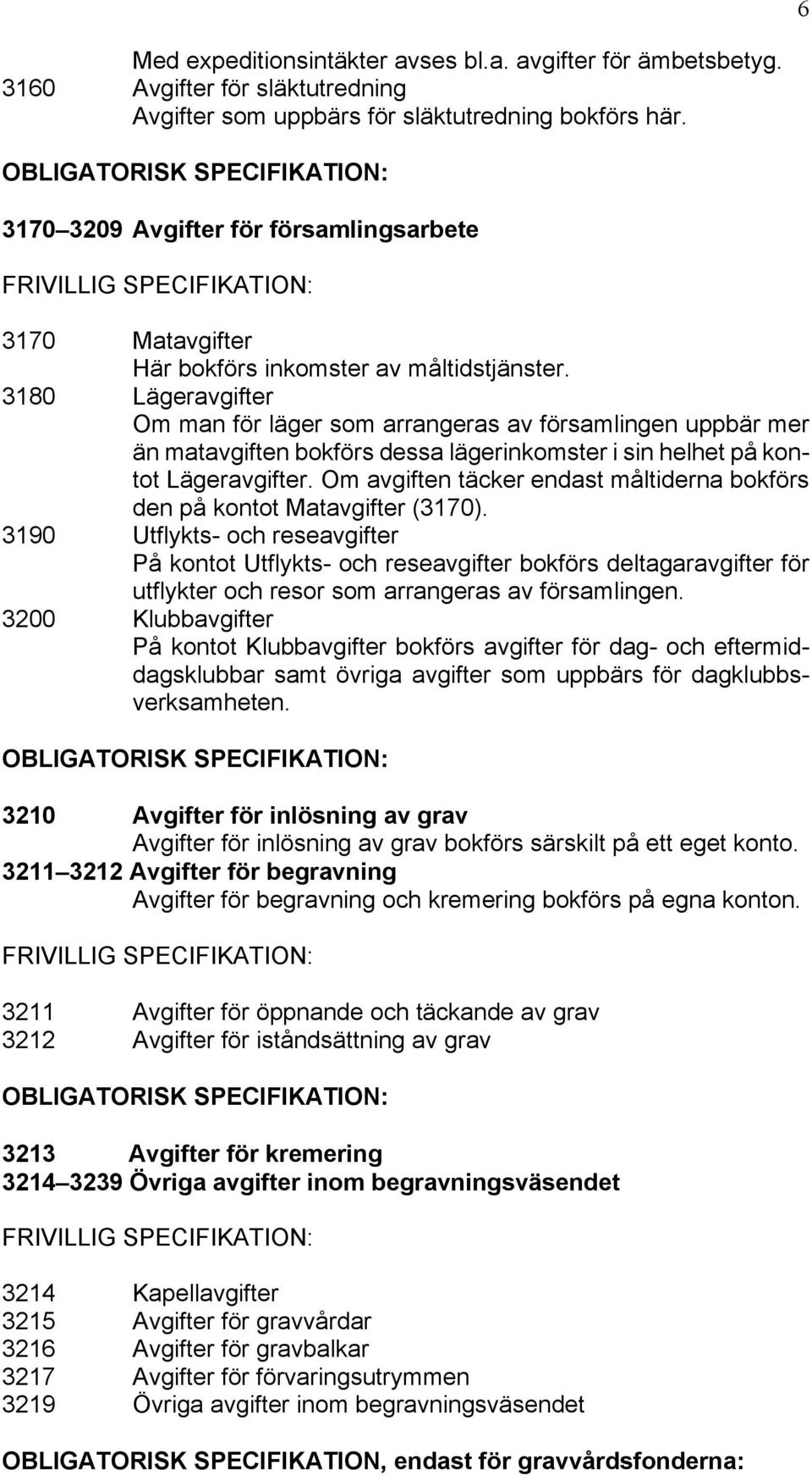 3180 Lägeravgifter Om man för läger som arrangeras av församlingen uppbär mer än matavgiften bokförs dessa lägerinkomster i sin helhet på kontot Lägeravgifter.