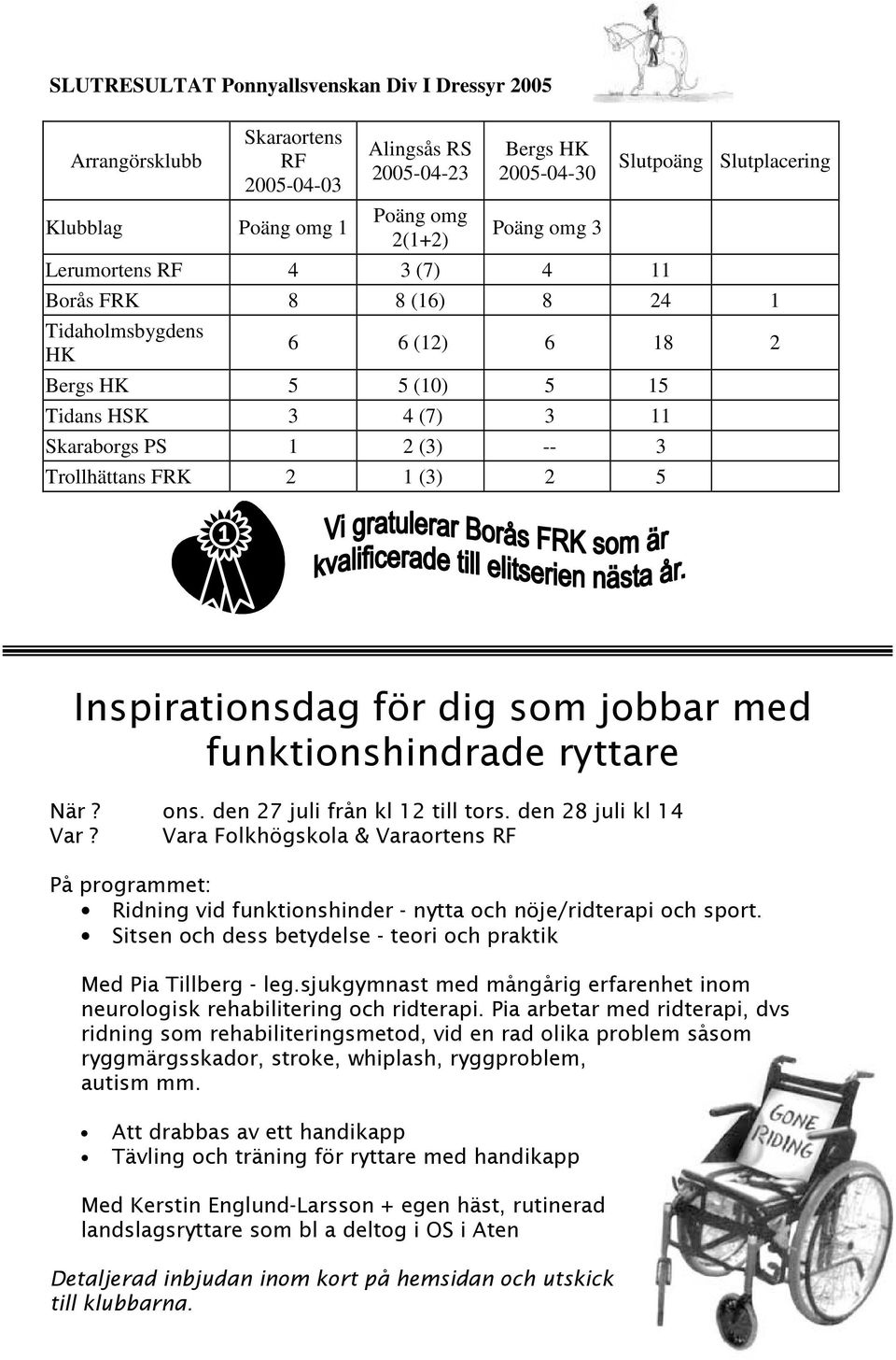 Inspirationsdag för dig som jobbar med funktionshindrade ryttare När? ons. den 27 juli från kl 12 till tors. den 28 juli kl 14 Var?