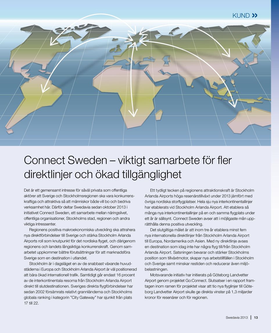 Därför deltar Swedavia sedan oktober 2013 i initiativet Connect Sweden, ett samarbete mellan näringslivet, offentliga organisationer, Stockholms stad, regionen och andra viktiga intressenter.